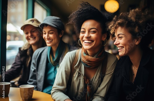 A stylish group of women enjoying a warm cup of coffee while donning fashionable hats and accessories, their smiling faces radiating warmth and companionship in the cozy indoor setting