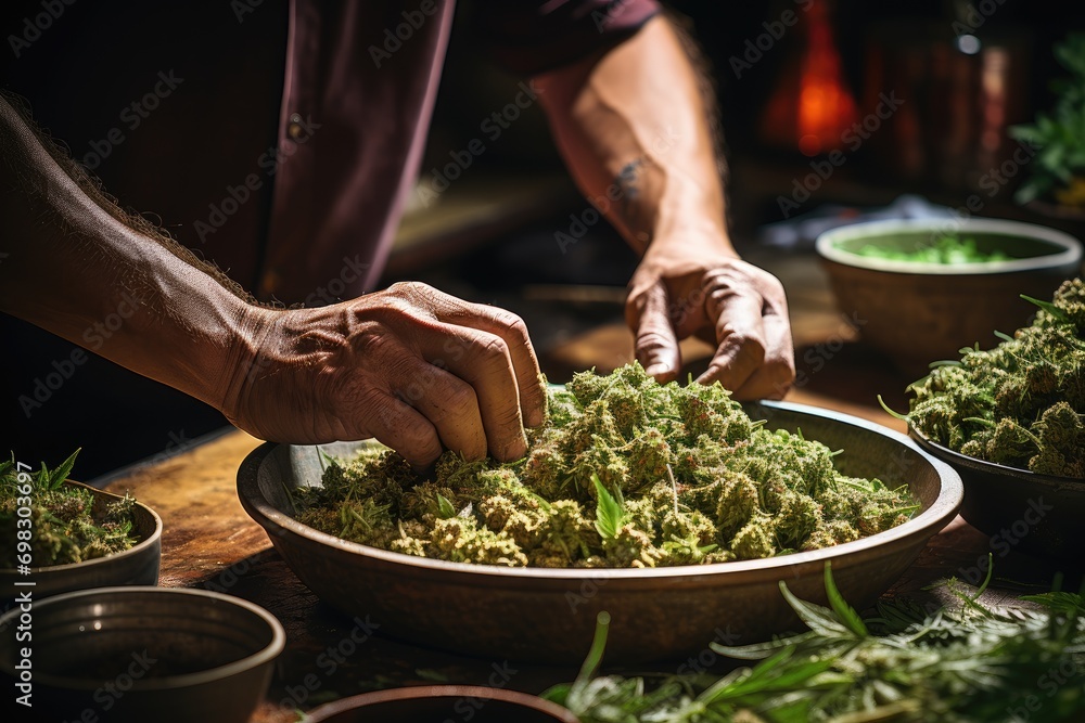 A culinary artist carefully blends a vibrant array of fresh herbs and vegetables in a mixing bowl, creating a masterpiece of flavors and colors indoors A culinary artist carefully blends a vibrant array of fresh herbs and vegetables in a mixing bowl, creating a masterpiece of flavors and colors indoors