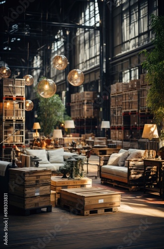 Amidst the bustling city streets, a spacious indoor room adorned with furniture and stacked crates evokes a sense of industriousness and urban charm