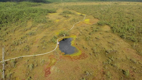 An aerial view of a hiking trail through a marsh with bog lakes during a sunrise in Soomaa National Park, Estonia.  photo