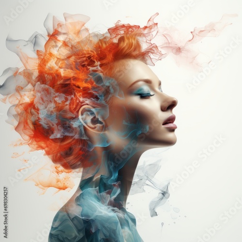 Portrait of a woman in profile with colored smoke enveloping her face and shoulders, creating a feeling of lightness and dreams. double exposure Concept: beauty, meditation and art photo