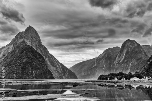 NZ Milford Sound Bay peaks BW