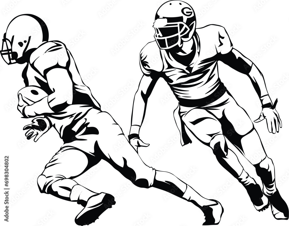 Cartoon Black and White Isolated Illustration Vector Of An American Football Player Running with the Ball Being Tackled
