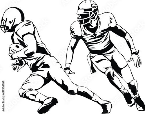 Cartoon Black and White Isolated Illustration Vector Of An American Football Player Running with the Ball Being Tackled