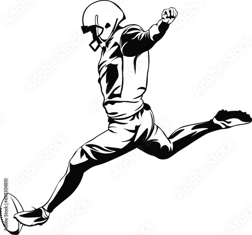 Cartoon Black and White Isolated Illustration Vector Of An American Football Player Kicking the Ball photo