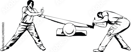Cartoon Black and White Isolated Illustration Vector Of 2 Lumberjacks Cutting Wood with a 2 person cross saw