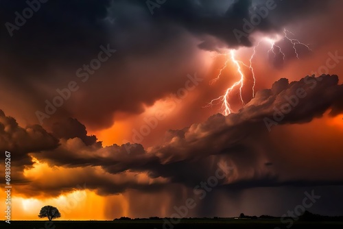 Storm warning - Weather background banner - Amazing lightning storm in orange light and dark clouds on sk photo
