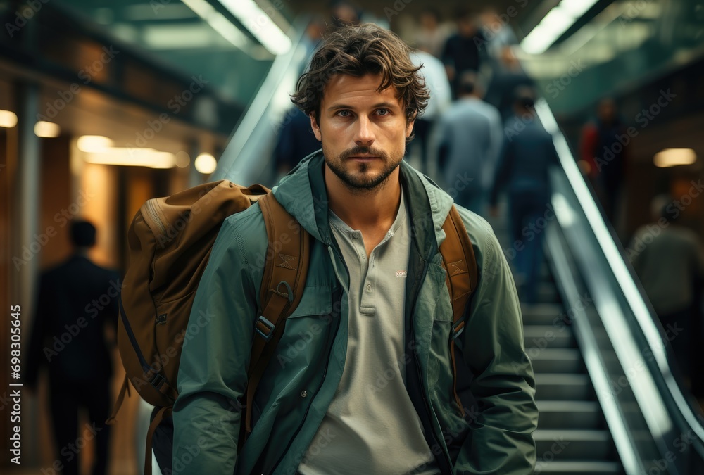 A stylish man confidently makes his way through the bustling city, his backpack and jacket hinting at his nomadic spirit, as he rides the escalator towards his next adventure A stylish man confidently makes his way through the bustling city, his backpack and jacket hinting at his nomadic spirit, as he rides the escalator towards his next adventure