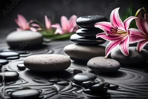 Lily and spa stones in zen garden. Stack of spa  stones with pink flowers photo