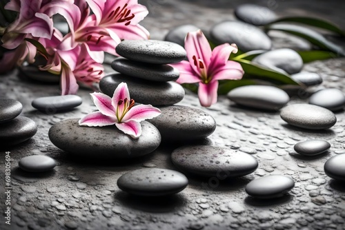 Lily and spa stones in zen garden. Stack of spa stones with pink flowers