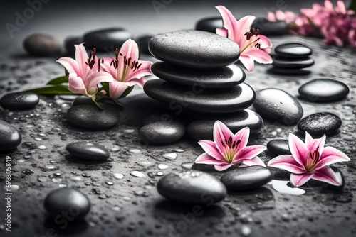 Lily and spa stones in zen garden. Stack of spa stones with pink flowers