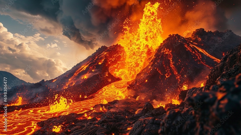 A fiery volcanic eruption with bright lava flows, explosive bursts, and a dramatic ash-filled sky, capturing the powerful beauty of nature.