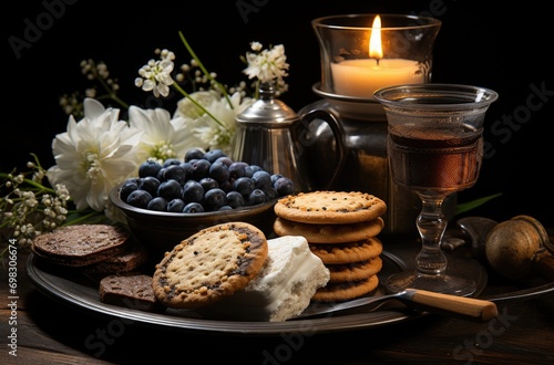 A warm, cozy table setting with a delectable spread of freshly baked goods, accompanied by a flickering candle adding a touch of ambiance and charm to the indoor gathering