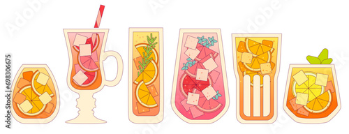 Vector flat illustration with gradient and outline. Alcohol refreshing drink with citrus, orange and grapefruit. Cocktail set in glass. Liquid in tall and tumbler glass. Mocktail beverage for bar