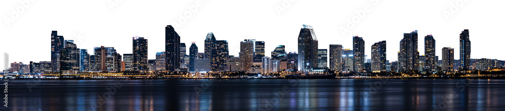 vast modern city skyline at night - isolated transparent PNG - water surface in the lower foreground reflecting the city and city lights vast modern city skyline at night - isolated transparent PNG - water surface in the lower foreground reflecting the city and city lights