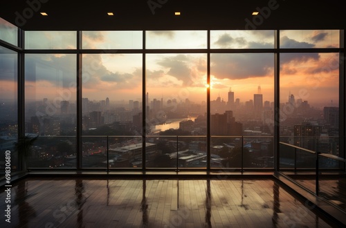 As the sun sets over the city, the floor-to-ceiling windows of the skyscraper offer a breathtaking reflection of the colorful sky and clouds, making it the perfect indoor spot to admire the beauty of