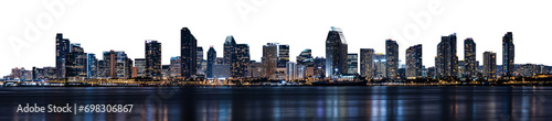 vast modern city skyline at night - isolated transparent PNG - water surface in the lower foreground reflecting the city and city lights