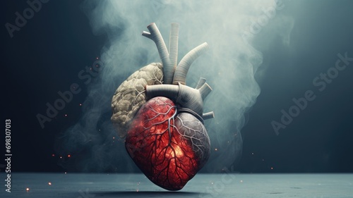 A conceptual art of a human heart intertwined with a brain, amidst smoke