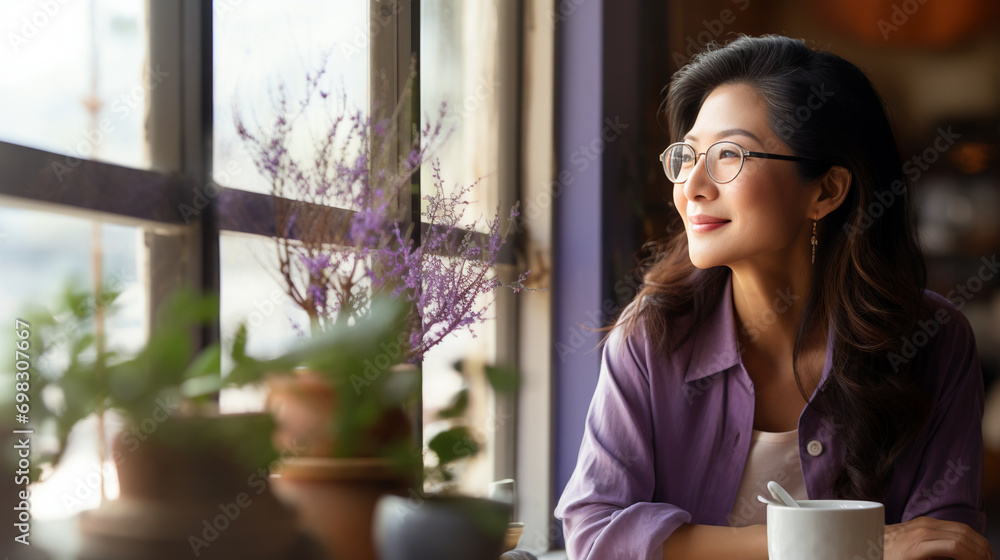 Lost in contemplation, an asiatic woman sits by the window in her indoor oasis Lost in contemplation, an asiatic woman sits by the window in her indoor oasis