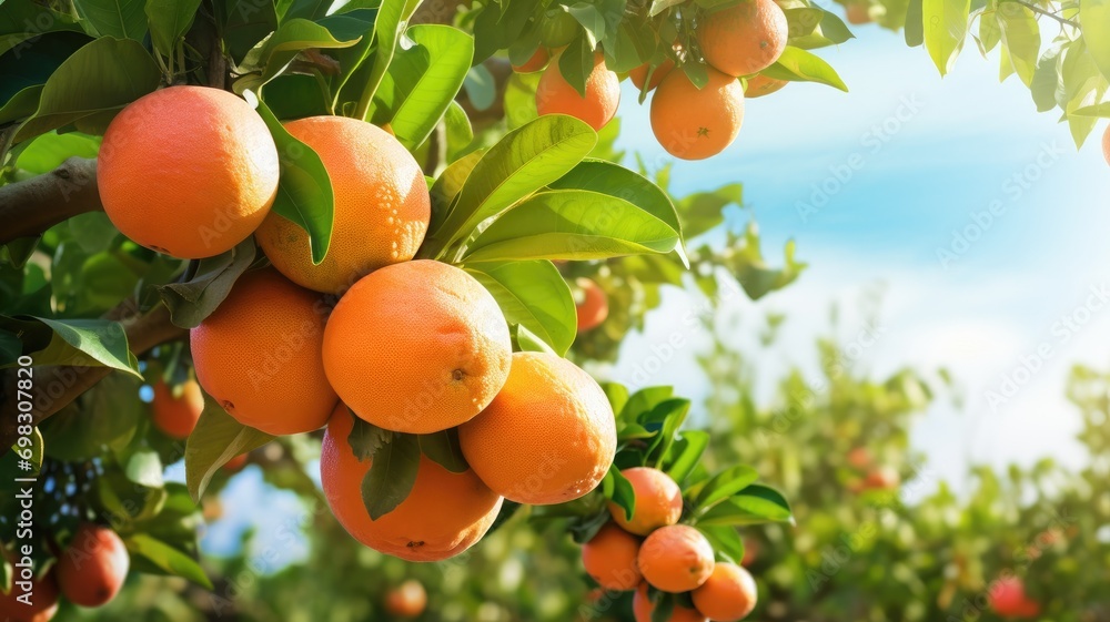Ripe oranges hanging on a tree with sunlight