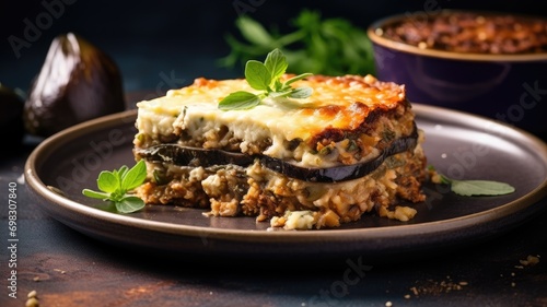 A slice of moussaka on a plate garnished with basil © Artyom
