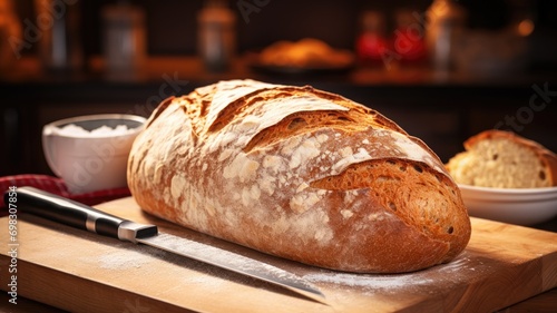Freshly baked bread on a cutting board with flour and a knife