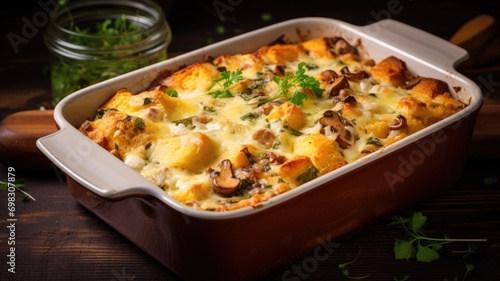 Baked breakfast casserole in a dish garnished with herbs