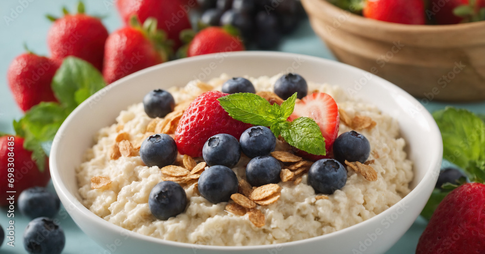 A wholesome bowl of oatmeal adorned with fresh berries, mint leaves, and a drizzle of milk. A wholesome bowl of oatmeal adorned with fresh berries, mint leaves, and a drizzle of milk.