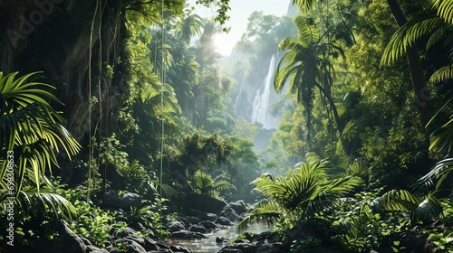 A panoramic view of a lush rainforest with towering trees  exotic wildlife  and a cascading waterfall  creating a natural and wild background.