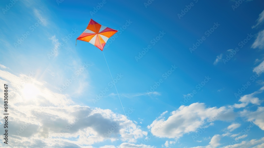 A colorful kite flying high in a bright blue sky - obrazy, fototapety, plakaty 