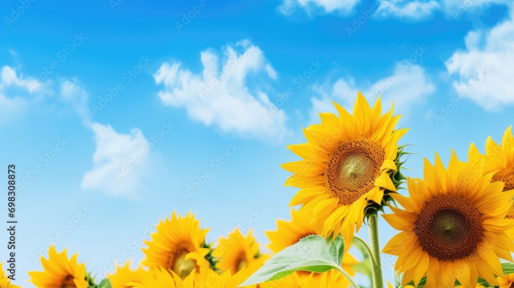Bright sunflowers reaching for the sky on a sunny day