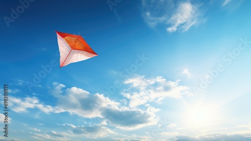 An orange and white kite soaring high in a blue sky