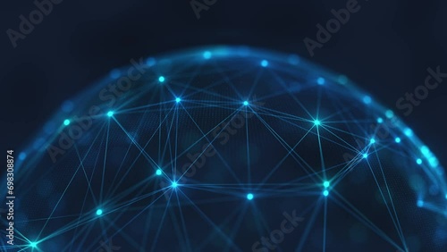 3D animation of a blue sphere surrounded by satellites. The satellites are connected by glowing, representing the network and data transfer. Concept of global communication, technology, and innovation photo