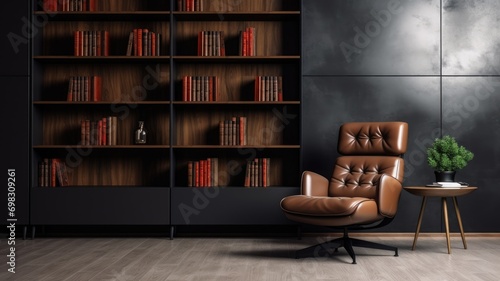 Modern living room with black shelves and leather chair
