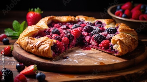 Open berry galette on a wooden surface with powdered sugar photo