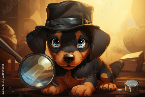 A mischievous Dachshund donning a detective's hat and magnifying glass, investigating a pawprint mystery on a detective-themed background, showcasing canine curiosity and whimsy.