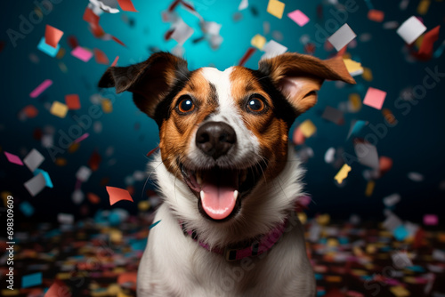 A lively Jack Russell Terrier wearing a party hat and surrounded by confetti on a celebration-themed background, portraying the exuberant spirit of a canine companion during festiv photo
