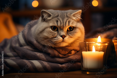 A contented Scottish Fold cat curled up in a cozy blanket with a cup of tea, set against a hygge-inspired background with candles, embodying the tranquility and comfort of a peacef