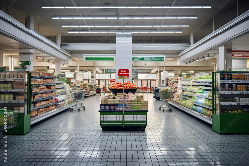 Interior of a supermarket or grocery store, economic crisis concept