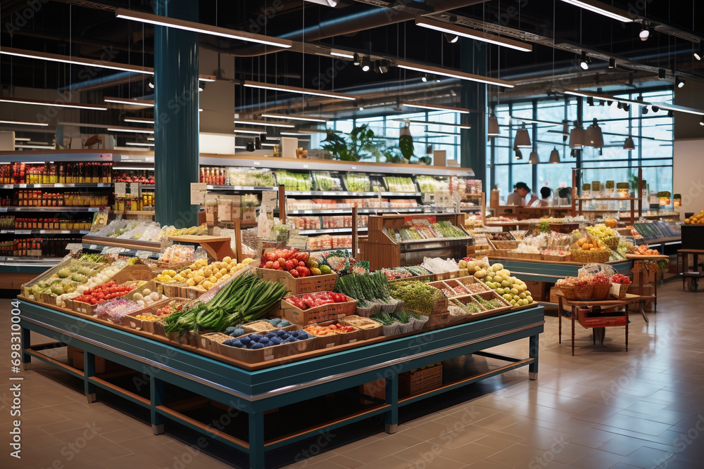 Interior of a supermarket or grocery store, economic crisis concept