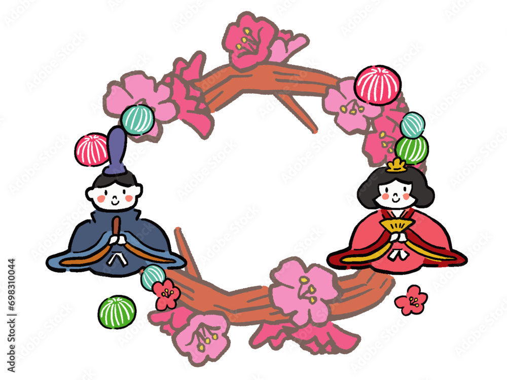 Obraz premium ひな祭り ひな人形 お内裏様とお雛様と木と花の手描き風フレームイラスト