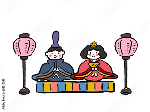 ひな祭り　ひな人形　お内裏様とお雛様とぼんぼりの手描き風イラストセット