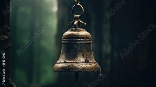 Ancient bell hanging in a misty forest environment