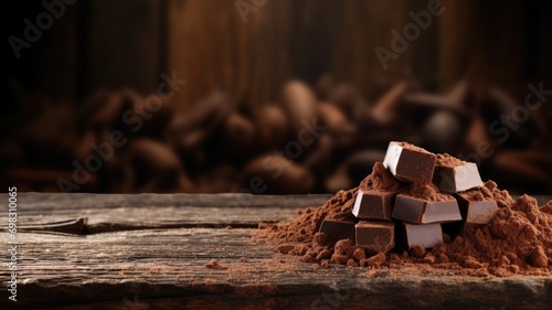 Chocolate pieces with cocoa powder on rustic wooden background photo