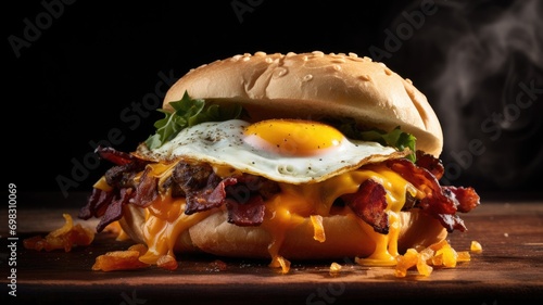 Decadent cheeseburger with bacon and a fried egg on top photo