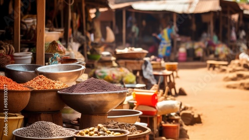 Colorful market scene with assorted spices displayed in bowls