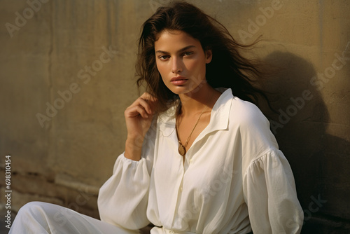 beautiful elegant young girl in a white shirt on the street 