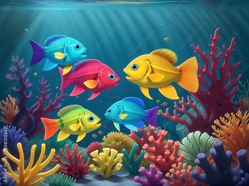fish swimming in the depths of a water body in a natural environment, among algae and other vegetation, cartoons fish swimming in the depths of a water body in a natural environment, among algae and other vegetation, cartoons