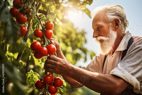 An elderly man is picking tomatoes in sunny weather. A mature and robust old man on his farm. photo