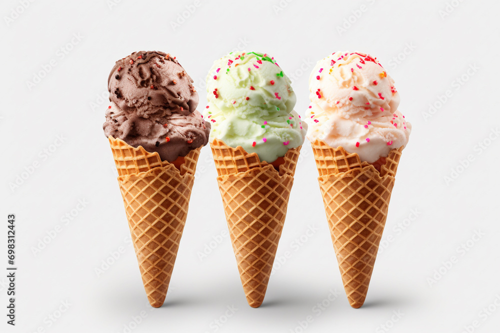  different sort of ice cream cones on white background 